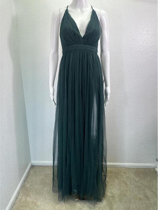 Dresses & Skirts - Sz S Lulu’s New Dark Green Tulle Overlay Double Front Slit Backless Maxi Dress